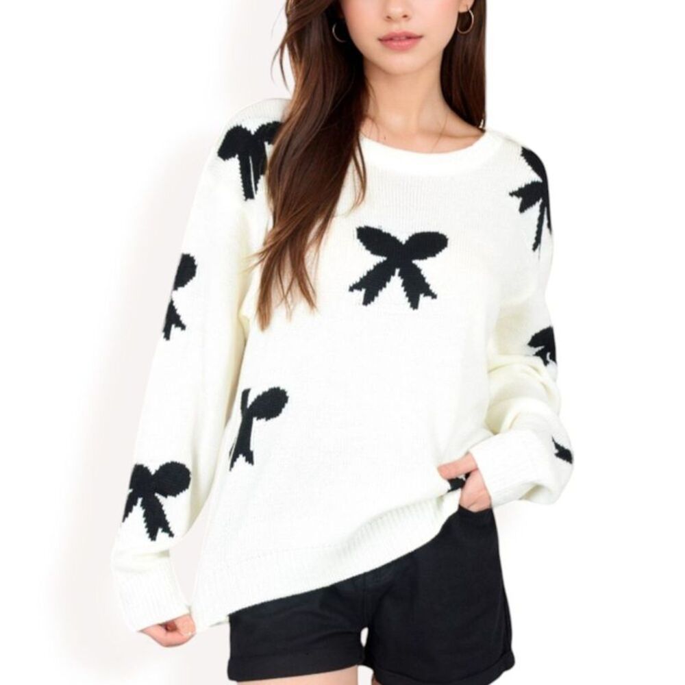 Anna-Kaci Women's Sweater with Bow Pattern Long Sleeves - Large White